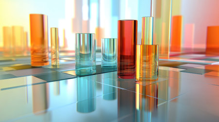 A creative composition featuring multiple D bar charts on a glass surface, reflecting light and colors, symbolizing complex data analysis and decision-making processes in a corporate environment.の素材