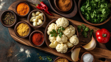 A rich display showcasing fresh cauliflower alongside an array of vibrant spices and herbs on a wooden board. Perfect for culinary inspiration.の素材