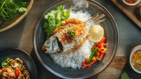 A top-down view of a plate of steaming hot rice with a side of crispy fried fish and vegetables, served in a rustic kitchen setting.の素材