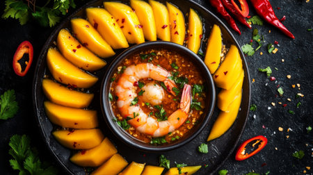 A vibrant dish featuring fresh shrimp and ripe mango presented beautifully with a spicy sauce and herbs, perfect for an exquisite dining experience.の素材