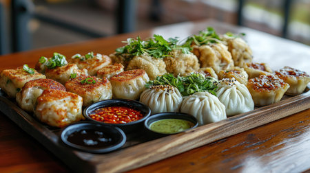 An inviting image of a platter of assorted dim sum, including bao buns, siu mai, and har gow, served with dipping sauces and garnished with fresh herbs.の素材