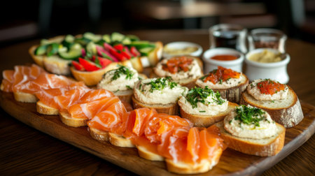 A vibrant appetizer platter showcasing salmon, creamy spreads, and fresh vegetables, perfect for gatherings or dining experiences that celebrate flavor and presentation.の素材