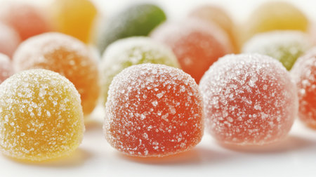 A close-up view of colorful sugar-coated gummy candies displaying a variety of vibrant hues. These chewy treats are perfect for any celebration or simple enjoyment.の素材