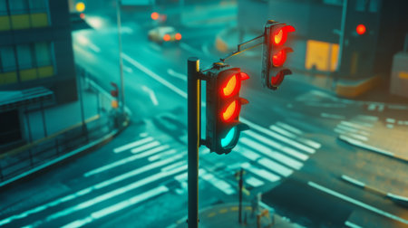 Nighttime urban scene featuring traffic lights with red and green signals. The image captures the vibrant city atmosphere and emphasizes road safety.の素材