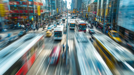 A vibrant urban intersection teeming with vehicles and pedestrians, captured in motion to portray the fast-paced energy of city life during the day.の素材