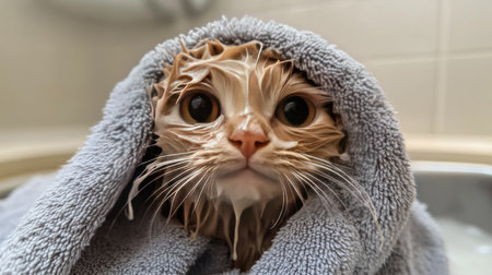 A sweet photo of a cat wrapped in a soft towel after a bath, with only its head sticking out and a look of contentment, showcasing the post-bath coziness.の素材