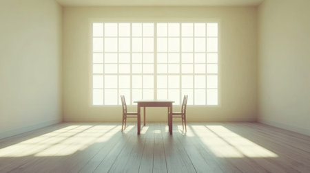 A serene and minimalistic room featuring a wooden table and chairs, illuminated by bright sunlight streaming through large windows, creating a tranquil atmosphere.の素材