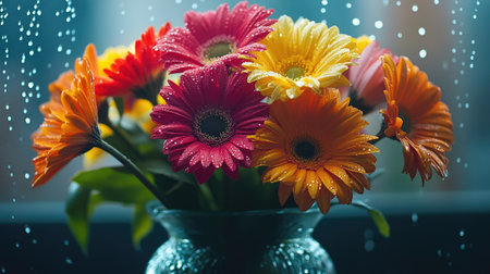A bouquet of colorful flowers arranged in a glass vase, with water droplets on the petals, reflecting light and creating a fresh, vibrant atmosphere.の素材