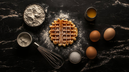 This captivating flat lay features waffle ingredients and tools on a dark marble surface, showcasing the beauty of homemade cooking for breakfast delight.の素材