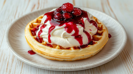 A delightful presentation of a waffle topped with rich whipped cream and vibrant berry sauce, perfect for dessert or breakfast enjoyment.の素材