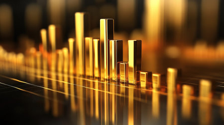 A D rendering of a gold bar chart on a reflective surface, with bars of varying heights, representing the historical growth of gold prices.の素材