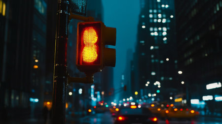 A red traffic light shines brightly at night, illuminating a bustling city street. The wet pavement reflects the city lights, creating a vibrant urban scene.の素材