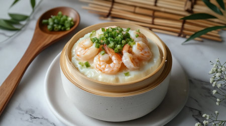 A vibrant bowl of shrimp dish garnished with fresh green onions served in a bamboo steamer. Ideal for food styling and culinary presentations.の素材