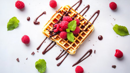 A mouthwatering waffle garnished with fresh raspberries and mint leaves, drizzled with rich chocolate on a clean white surface, perfect for dessert.の素材