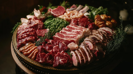 A beautifully arranged platter of various cuts of meat, including beef, pork, and chicken, garnished with fresh herbs and spices, showcasing a feast for meat lovers.の素材