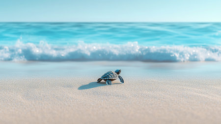 A captivating image of a sea turtle hatchling making its way to the ocean, with soft golden sand in the foreground and the blue sea in the background, symbolizing the journey of life.の素材