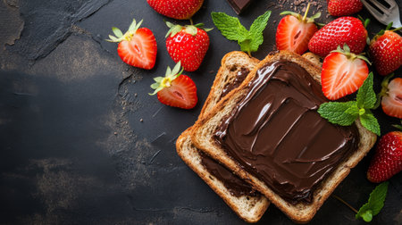 A delicious combination of chocolate spread generously smeared on toasted bread, accompanied by fresh strawberries and mint leaves, perfect for a sweet breakfast or snack.の素材