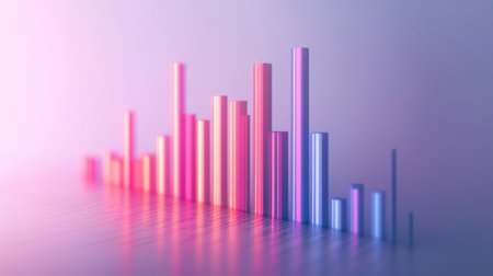 A vibrant 3D bar graph showcasing data visualization with modern colors. The bars rise against a sleek gradient background, symbolizing growth and progress.の素材