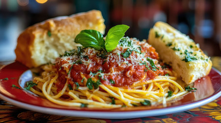 A colorful plate of spaghetti topped with rich marinara sauce and garnished with fresh basil, accompanied by a side of garlic bread, showcasing the essence of Italian comfort food.の素材