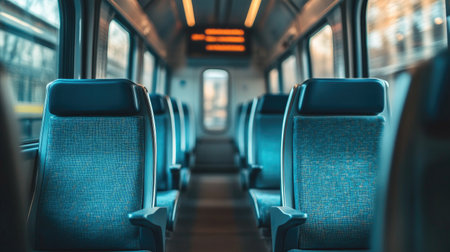 A close-up of the modern interior of a high-speed train, featuring comfortable seating and large windows, inviting passengers to enjoy the journey.の素材