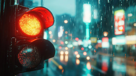 A close-up of a traffic light changing from red to green, with a blurred cityscape in the background, capturing the essence of urban traffic flow.の素材