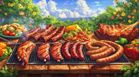 A colorful BBQ scene with various meats grilling on a barbecue, including ribs, sausages, and chicken wings, set against a summer garden background.の素材