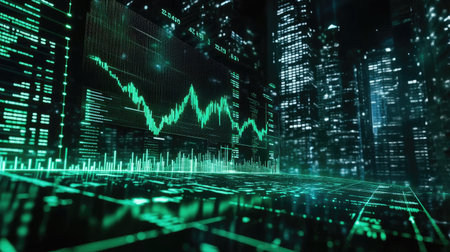 A financial dashboard with a stock market chart, green upward trend lines, and data points, highlighting a bullish market in a modern digital interface.の素材