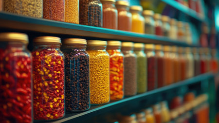 A colorful spice rack filled with jars of dried chilies, chili flakes, and other spices, emphasizing the variety and richness of flavors in cooking.の素材
