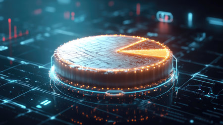 A glossy D pie chart with detailed texture on each segment, floating in a digital interface with futuristic icons and analytics hovering in the background.の素材