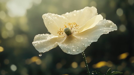 A delicate flower in full bloom, with drops of water delicately clinging to its petals, illuminated by soft morning sunlight for a serene effect.の素材