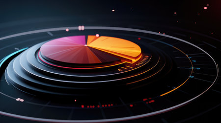 A dynamic D pie chart with segments of varying widths, rotating slightly to show depth, surrounded by floating percentage values in a futuristic design.の素材