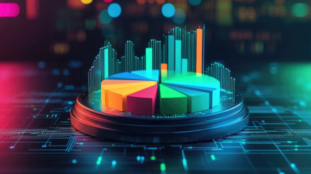 A colorful D pie chart with each segment floating slightly above a digital platform, representing data distribution in vibrant shades of blue, green, and orange.の素材