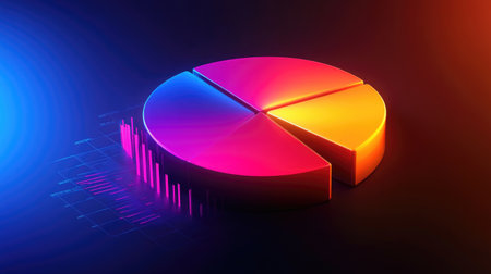 A dynamic D pie chart with glowing segments, illustrating various financial metrics, with depth and shadows for a realistic, high-impact presentation.の素材