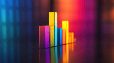 A colorful D bar graph rising dramatically on a reflective surface, symbolizing growth and success in business performance metrics.の素材