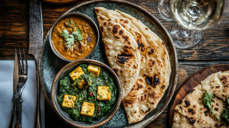 A delicious plate of palak paneer with garlic naan, beautifully garnished and set against a rustic wooden table, highlighting the comfort of homemade Indian dishes.の素材