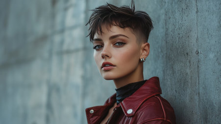 A dramatic shot of a woman with a bold, edgy haircut, confidently posing against an urban backdrop, showcasing the power of hairstyling as a form of self-expression.の素材