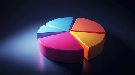 A dynamic D pie chart with glowing segments, illustrating various financial metrics, with depth and shadows for a realistic, high-impact presentation.の素材
