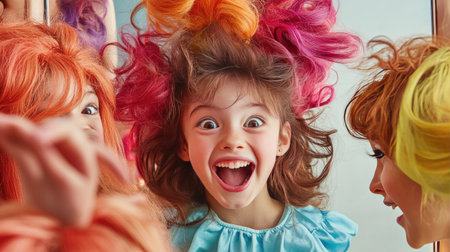 A playful image of a young girl trying on various wigs and hairstyles, with a mirror reflecting her joyful expressions, celebrating creativity and imagination in hairstyling.の素材