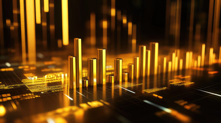 A shining D gold bar chart with tall bars and shadows, rising from a digital platform filled with stock data, representing gold as a stable investment.の素材