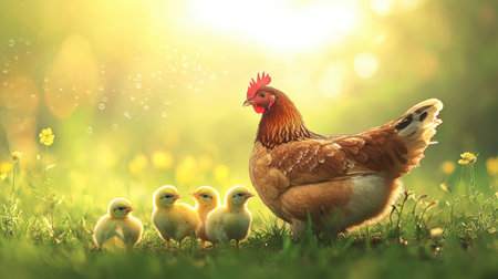 A serene morning scene of a mother hen and her chicks basking in the sunlight, with dew glistening on the grass, illustrating a peaceful farm life.の素材