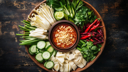 A vibrant arrangement of fresh herbs, vegetables, and a spicy sauce in a rustic bowl, showcasing colorful ingredients ideal for cooking and garnishing.の素材