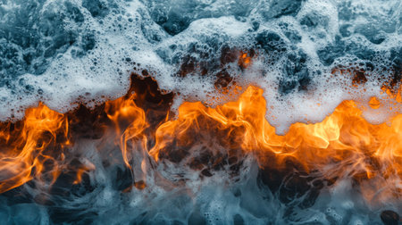 A striking visual of fire and water merging, showcasing the dynamic interplay of flames and waves. This vivid scene captures the stunning contrast of elements in nature.の素材