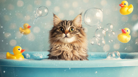 A playful scene of a fluffy cat sitting in a shallow tub, looking curiously at the water, with bubbles and colorful rubber ducks adding to the fun.の素材