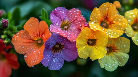 Stunning close-up image of vibrant flowers adorned with water droplets, showcasing the beauty of nature in a garden setting. Perfect for spring themes.の素材