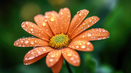 A macro shot of a single flower with water droplets on its leaves, set against a blurred green background, emphasizing the beauty of nature.の素材