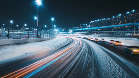A dynamic nighttime city scene featuring car lights blending with snowy roads. The image captures the essence of winter travel with urban illumination.の素材