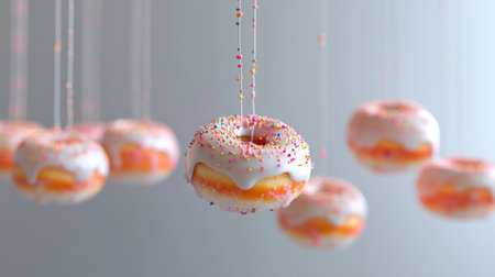 Vibrant donuts with a glossy glaze and colorful sprinkles hang gracefully against a soft background, creating an eye-catching dessert display perfect for any sweet occasion.の素材