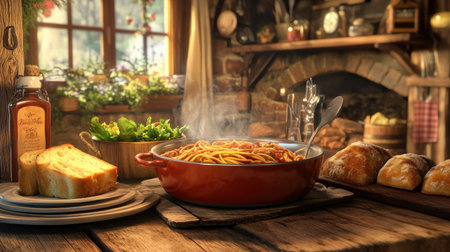 A rustic wooden table adorned with a steaming pot of spaghetti, garlic bread, and a side salad, creating a warm and inviting family dinner atmosphere.の素材