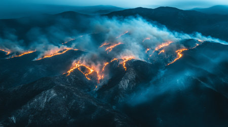 A striking aerial view captures a mountain wildfire at dusk, revealing flames and billowing smoke across a vast landscape. The scene depicts the urgent need for awareness.の素材