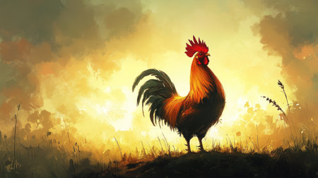 A proud fighting rooster standing tall on the ground, its feathers gleaming in the sunlight, symbolizing strength and tradition in rural life.の素材